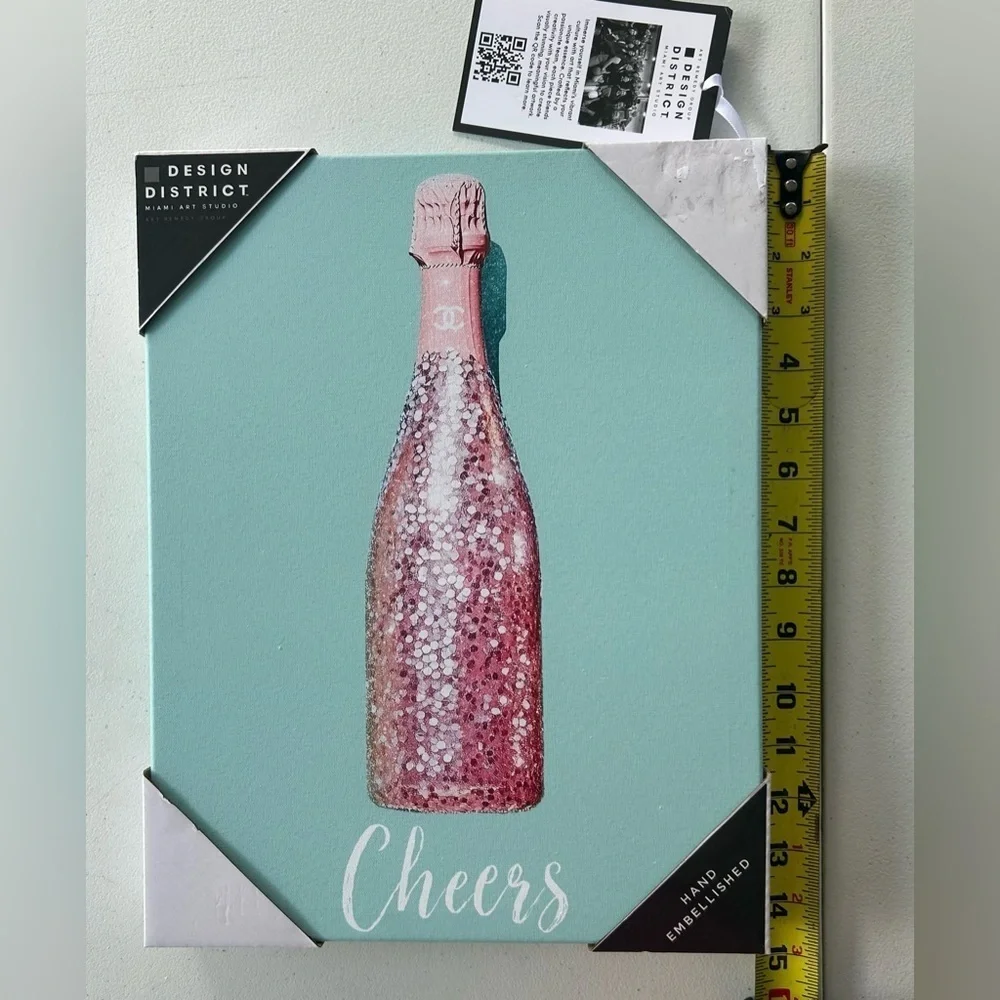 NEW!District Cheers Canvas Art - Chanel Pink & Green Wine Bottle-Wood Doughnut
